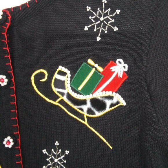 Vtg Christmas Cardigan Sweater Black Beaded BP Design L Grannycore Chic Holiday - Picture 8 of 12
